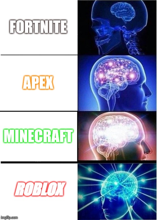 Expanding Brain | FORTNITE; APEX; MINECRAFT; ROBLOX | image tagged in memes,expanding brain | made w/ Imgflip meme maker