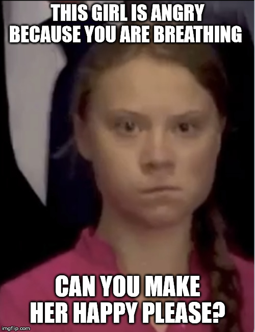 THIS GIRL IS ANGRY BECAUSE YOU ARE BREATHING; CAN YOU MAKE HER HAPPY PLEASE? | image tagged in climate change girl | made w/ Imgflip meme maker