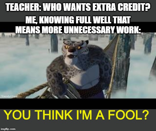 I didn't like it then and I don't like it now | TEACHER: WHO WANTS EXTRA CREDIT? ME, KNOWING FULL WELL THAT MEANS MORE UNNECESSARY WORK:; YOU THINK I'M A FOOL? | image tagged in kung fu panda,tai lung,memes,funny,you think i'm a fool | made w/ Imgflip meme maker