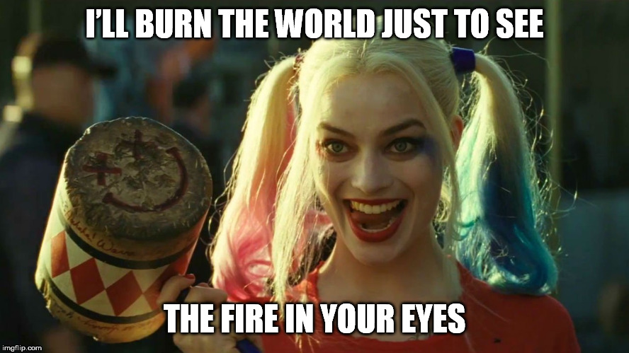 Harley Quinn hammer | I’LL BURN THE WORLD JUST TO SEE THE FIRE IN YOUR EYES | image tagged in harley quinn hammer | made w/ Imgflip meme maker