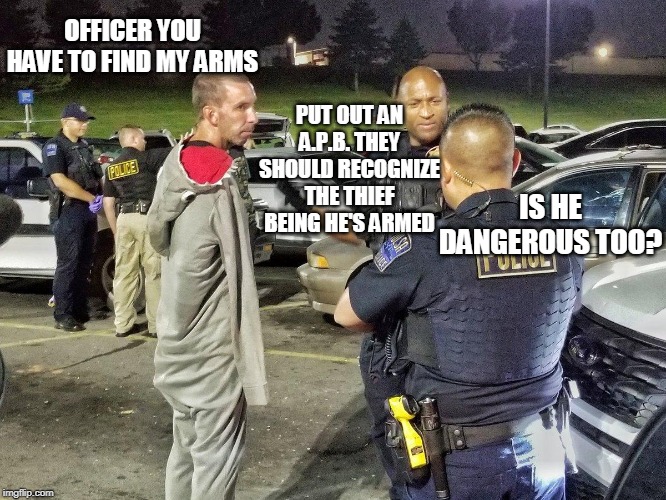 OFFICER YOU HAVE TO FIND MY ARMS; PUT OUT AN A.P.B. THEY SHOULD RECOGNIZE THE THIEF BEING HE'S ARMED; IS HE DANGEROUS TOO? | image tagged in armed robbery | made w/ Imgflip meme maker