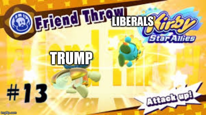 Kirby friend throw | LIBERALS; TRUMP | image tagged in kirby friend throw | made w/ Imgflip meme maker