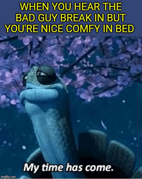 Not my original idea, my sisters. | WHEN YOU HEAR THE BAD GUY BREAK IN BUT YOU'RE NICE COMFY IN BED | image tagged in my time has come | made w/ Imgflip meme maker