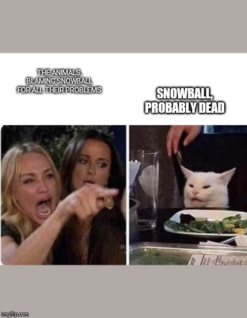 Ladies Yelling at Confused Cat | SNOWBALL, PROBABLY DEAD; THE ANIMALS, BLAMING SNOWBALL FOR ALL THEIR PROBLEMS | image tagged in ladies yelling at confused cat | made w/ Imgflip meme maker