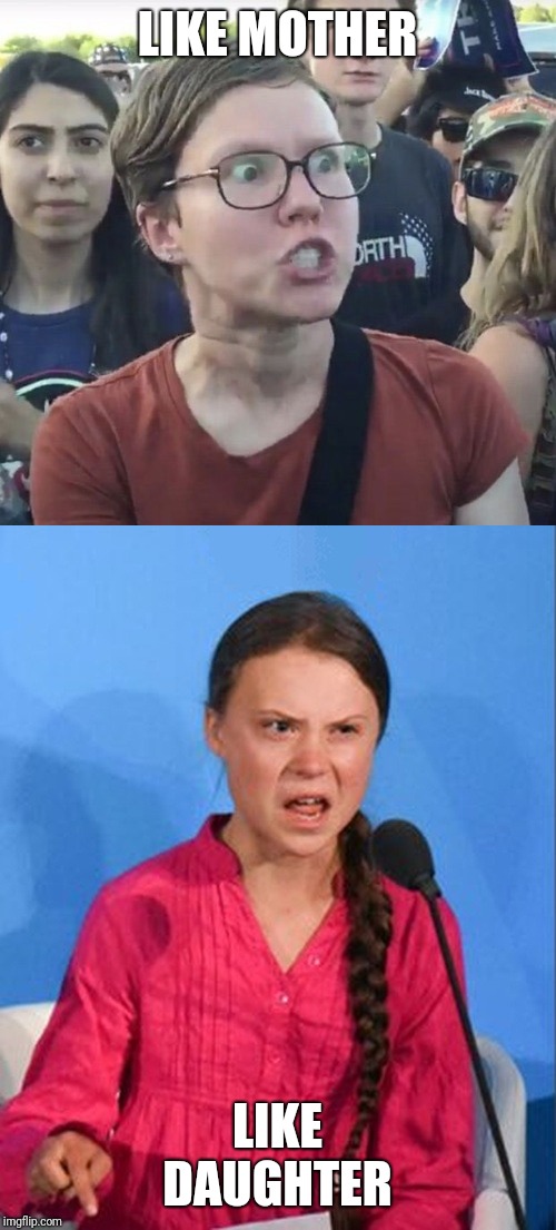 LIKE MOTHER; LIKE DAUGHTER | image tagged in triggered feminist,greta thunberg how dare you | made w/ Imgflip meme maker