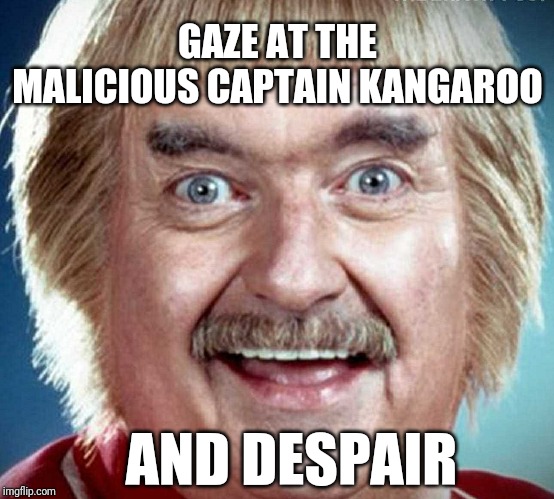 Captain kangaroo | GAZE AT THE MALICIOUS CAPTAIN KANGAROO; AND DESPAIR | image tagged in captain kangaroo | made w/ Imgflip meme maker