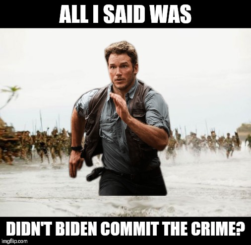 ALL I SAID WAS DIDN'T BIDEN COMMIT THE CRIME? | image tagged in memes,jack sparrow being chased | made w/ Imgflip meme maker