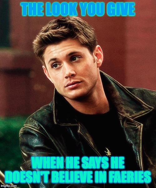 I do believe in Faeries | THE LOOK YOU GIVE; WHEN HE SAYS HE DOESN'T BELIEVE IN FAERIES | image tagged in supernatural dean winchester,fairy,sarcasm,jensen ackles | made w/ Imgflip meme maker