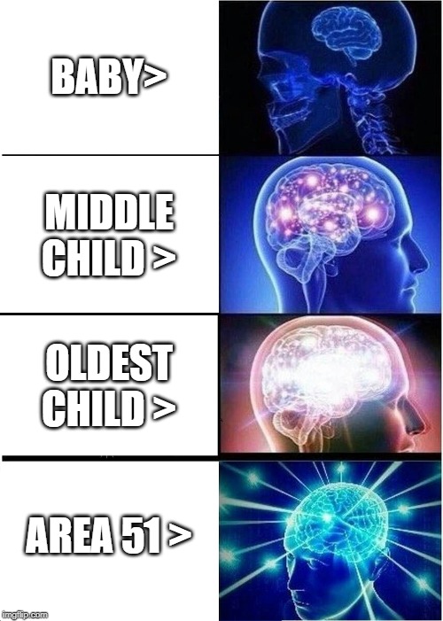 Expanding Brain Meme | BABY>; MIDDLE CHILD >; OLDEST CHILD >; AREA 51 > | image tagged in memes,expanding brain | made w/ Imgflip meme maker