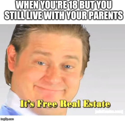 It's Free Real Estate | WHEN YOU'RE 18 BUT YOU STILL LIVE WITH YOUR PARENTS | image tagged in it's free real estate | made w/ Imgflip meme maker