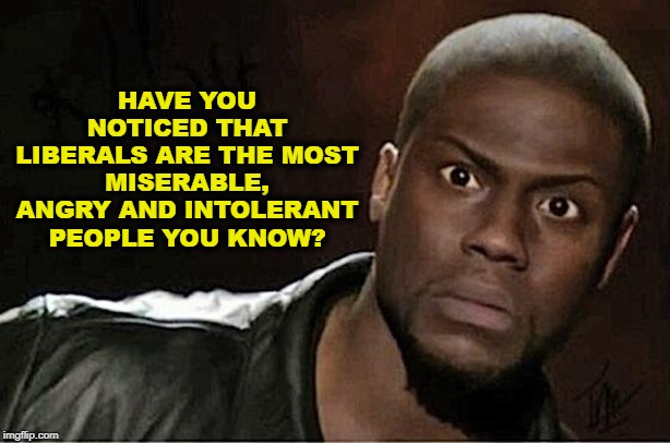 Have you noticed that liberals are the most miserable, angry and intolerant people you know? | HAVE YOU NOTICED THAT LIBERALS ARE THE MOST MISERABLE, ANGRY AND INTOLERANT PEOPLE YOU KNOW? | image tagged in kevin hart,political meme,intolerant liberals,angry liberal,miserable human beings,democrats | made w/ Imgflip meme maker