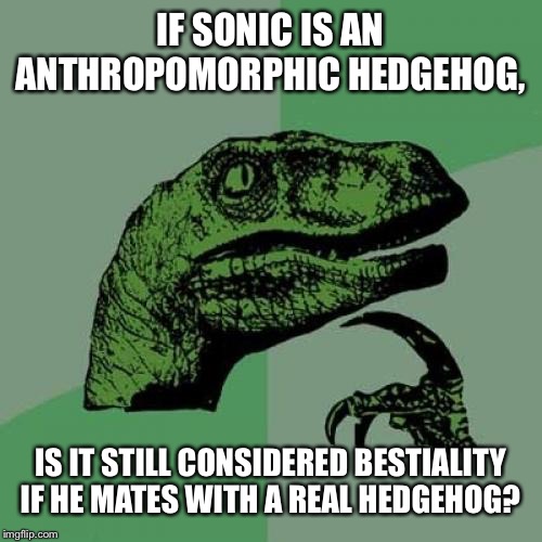 Hmmm... Gonna Have To Think About That. | IF SONIC IS AN ANTHROPOMORPHIC HEDGEHOG, IS IT STILL CONSIDERED BESTIALITY IF HE MATES WITH A REAL HEDGEHOG? | image tagged in memes,philosoraptor,sonic the hedgehog,hedgehog,anthropomorphisms,bestiality | made w/ Imgflip meme maker