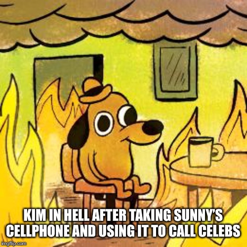 Dog in burning house | KIM IN HELL AFTER TAKING SUNNY’S CELLPHONE AND USING IT TO CALL CELEBS | image tagged in dog in burning house | made w/ Imgflip meme maker