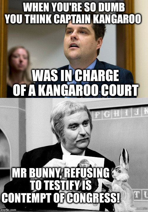 When all the best people defend you... | WHEN YOU'RE SO DUMB YOU THINK CAPTAIN KANGAROO; WAS IN CHARGE OF A KANGAROO COURT; MR BUNNY, REFUSING TO TESTIFY IS CONTEMPT OF CONGRESS! | image tagged in matt gaetz,humor,trump,impeachment,adam schiff,captain kangaroo | made w/ Imgflip meme maker
