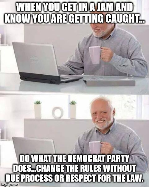 Hide the Pain Harold Meme | WHEN YOU GET IN A JAM AND KNOW YOU ARE GETTING CAUGHT... DO WHAT THE DEMOCRAT PARTY DOES...CHANGE THE RULES WITHOUT DUE PROCESS OR RESPECT FOR THE LAW. | image tagged in memes,hide the pain harold | made w/ Imgflip meme maker