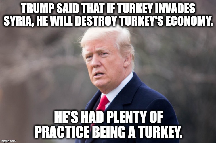 Is this one any better? | TRUMP SAID THAT IF TURKEY INVADES SYRIA, HE WILL DESTROY TURKEY'S ECONOMY. HE'S HAD PLENTY OF PRACTICE BEING A TURKEY. | image tagged in donald trump,turkey,syria,impeach trump,traitor,treason | made w/ Imgflip meme maker