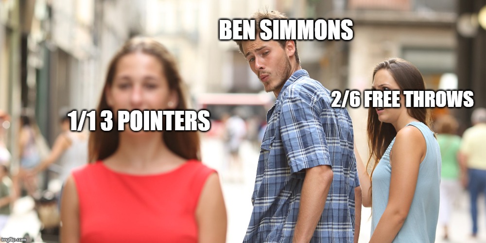 Guy staring at girl | BEN SIMMONS; 2/6 FREE THROWS; 1/1 3 POINTERS | image tagged in guy staring at girl | made w/ Imgflip meme maker