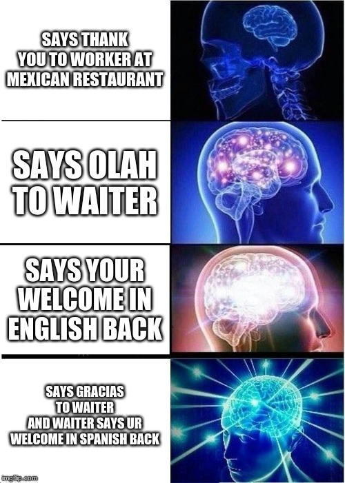 Expanding Brain Meme | SAYS THANK YOU TO WORKER AT MEXICAN RESTAURANT; SAYS OLAH TO WAITER; SAYS YOUR WELCOME IN ENGLISH BACK; SAYS GRACIAS TO WAITER
AND WAITER SAYS UR WELCOME IN SPANISH BACK | image tagged in memes,expanding brain | made w/ Imgflip meme maker