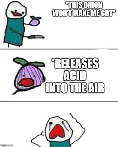 This is bad... | "THIS ONION WON'T MAKE ME CRY"; *RELEASES ACID INTO THE AIR | image tagged in this onion won't make me cry | made w/ Imgflip meme maker