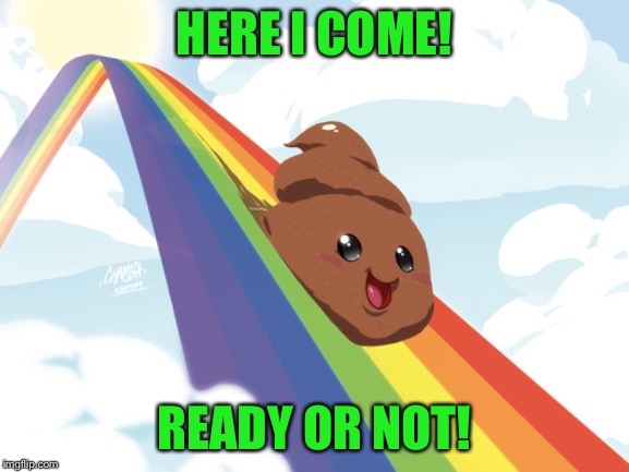 Poop on Rainbow | HERE I COME! READY OR NOT! | image tagged in poop on rainbow | made w/ Imgflip meme maker