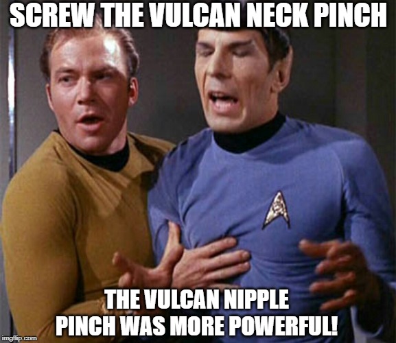The Better Way to Incapacitate Someone | SCREW THE VULCAN NECK PINCH; THE VULCAN NIPPLE PINCH WAS MORE POWERFUL! | image tagged in star trek jim kirk spock sock | made w/ Imgflip meme maker