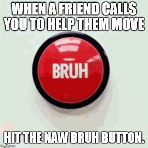 Bruh button | WHEN A FRIEND CALLS YOU TO HELP THEM MOVE; HIT THE NAW BRUH BUTTON. | image tagged in bruh button | made w/ Imgflip meme maker
