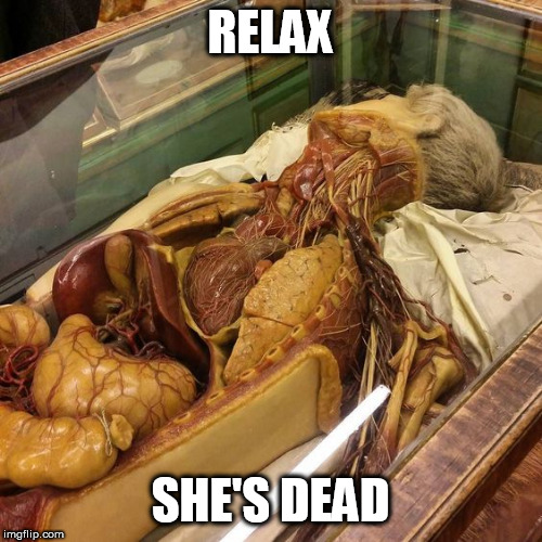 Body | RELAX; SHE'S DEAD | image tagged in body | made w/ Imgflip meme maker