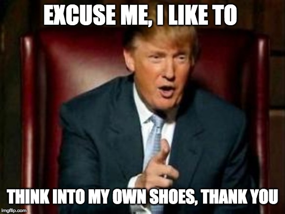 Donald Trump | EXCUSE ME, I LIKE TO THINK INTO MY OWN SHOES, THANK YOU | image tagged in donald trump | made w/ Imgflip meme maker