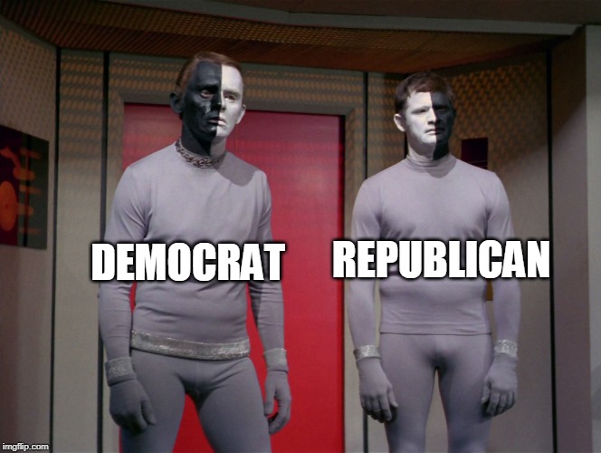 star trek black and white aliens | REPUBLICAN DEMOCRAT | image tagged in star treck black and white aliens | made w/ Imgflip meme maker