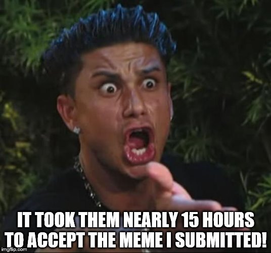 DJ Pauly D Meme | IT TOOK THEM NEARLY 15 HOURS TO ACCEPT THE MEME I SUBMITTED! | image tagged in memes,dj pauly d | made w/ Imgflip meme maker