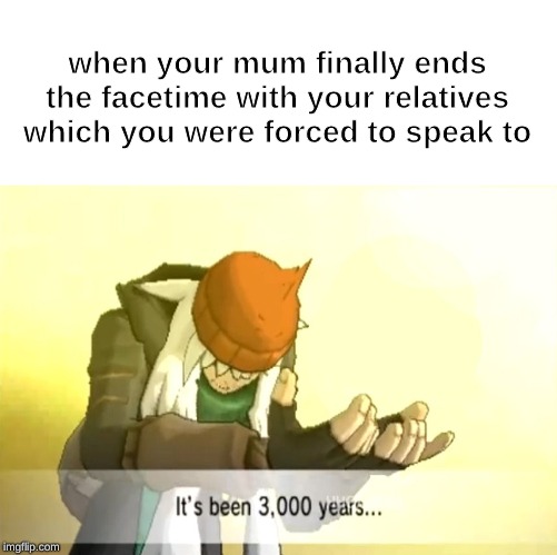 It's been 3000 years | when your mum finally ends the facetime with your relatives which you were forced to speak to | image tagged in it's been 3000 years | made w/ Imgflip meme maker