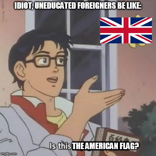 idiot, uneducated foreigners be like: | IDIOT, UNEDUCATED FOREIGNERS BE LIKE:; THE AMERICAN FLAG? | image tagged in is this a blank,foreigner,america,britain,stupid people | made w/ Imgflip meme maker