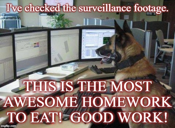 police dog | I've checked the surveillance footage. THIS IS THE MOST AWESOME HOMEWORK TO EAT!  GOOD WORK! | image tagged in police dog | made w/ Imgflip meme maker