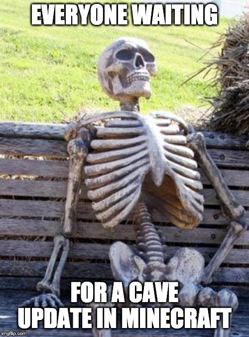 Waiting Skeleton Meme | EVERYONE WAITING; FOR A CAVE UPDATE IN MINECRAFT | image tagged in memes,waiting skeleton | made w/ Imgflip meme maker