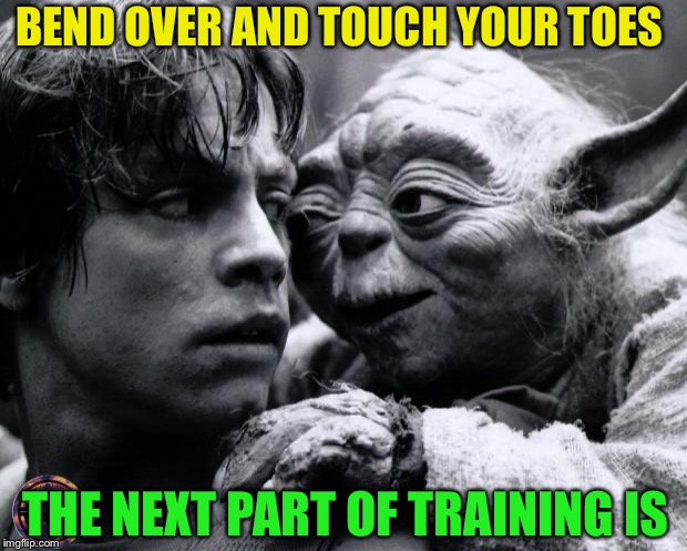 Yoda & Luke | BEND OVER AND TOUCH YOUR TOES THE NEXT PART OF TRAINING IS | image tagged in yoda  luke | made w/ Imgflip meme maker