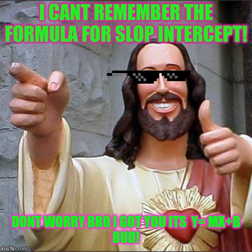 Buddy Christ | I CANT REMEMBER THE FORMULA FOR SLOP INTERCEPT! DONT WORRY BRO I GOT YOU ITS  Y= MX+B

BUD! | image tagged in memes,buddy christ | made w/ Imgflip meme maker
