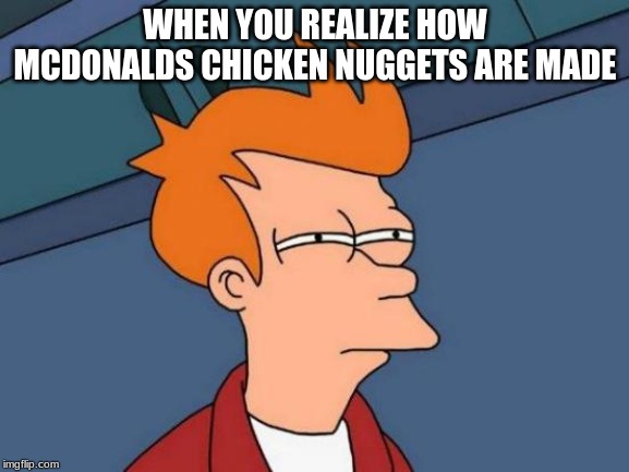 Futurama Fry Meme | WHEN YOU REALIZE HOW MCDONALDS CHICKEN NUGGETS ARE MADE | image tagged in memes,futurama fry | made w/ Imgflip meme maker