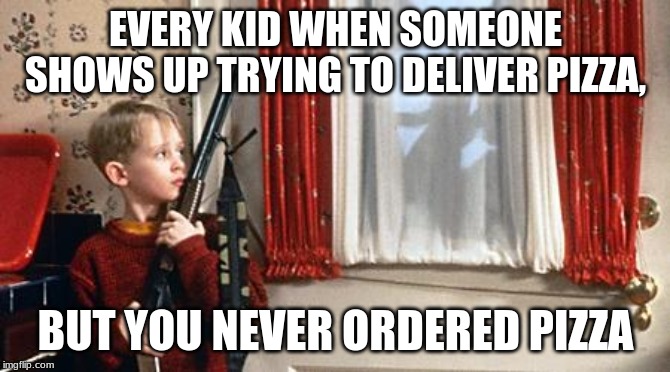 Home alone  | EVERY KID WHEN SOMEONE SHOWS UP TRYING TO DELIVER PIZZA, BUT YOU NEVER ORDERED PIZZA | image tagged in home alone | made w/ Imgflip meme maker
