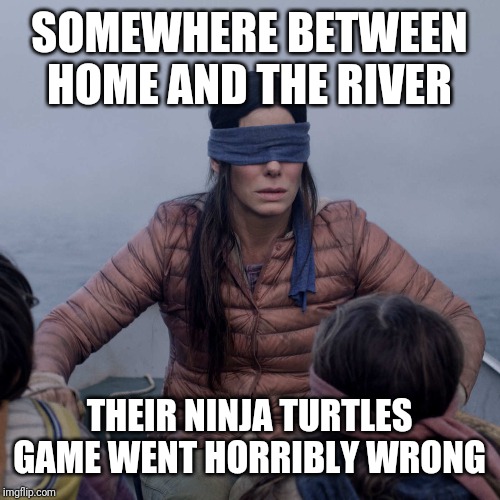 Oops | SOMEWHERE BETWEEN HOME AND THE RIVER; THEIR NINJA TURTLES GAME WENT HORRIBLY WRONG | image tagged in memes,bird box,teenage mutant ninja turtles,oops,funny memes,superdork | made w/ Imgflip meme maker