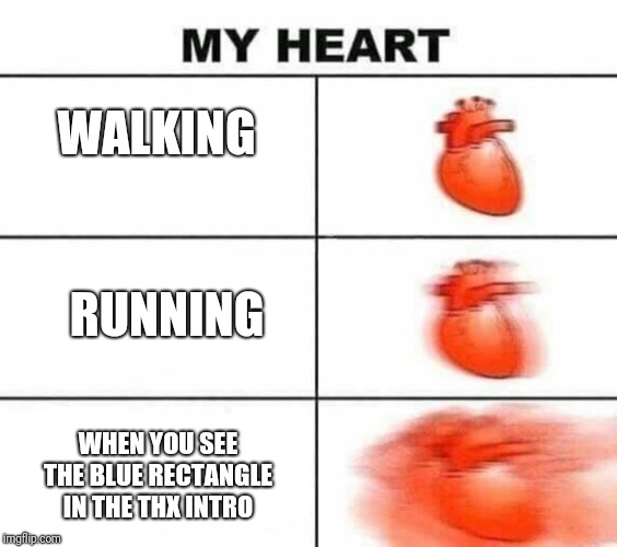 My heart blank | WALKING; RUNNING; WHEN YOU SEE THE BLUE RECTANGLE IN THE THX INTRO | image tagged in my heart blank | made w/ Imgflip meme maker