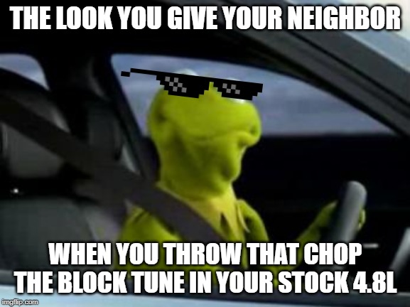 sad kermit | THE LOOK YOU GIVE YOUR NEIGHBOR; WHEN YOU THROW THAT CHOP THE BLOCK TUNE IN YOUR STOCK 4.8L | image tagged in sad kermit | made w/ Imgflip meme maker