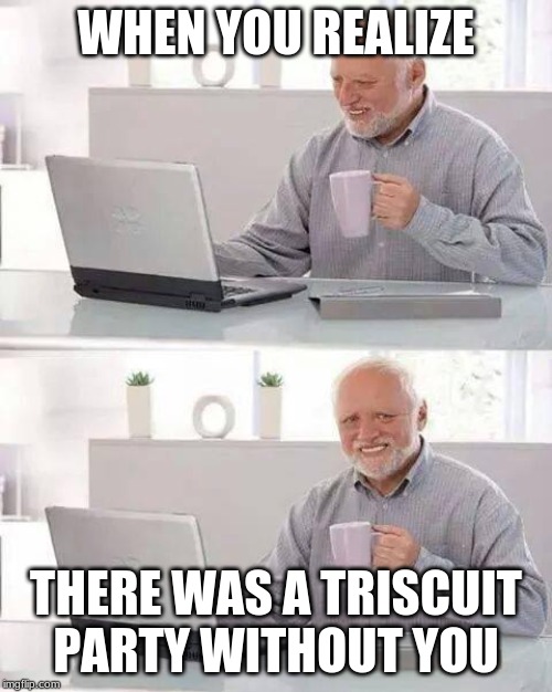 Hide the Pain Harold Meme | WHEN YOU REALIZE; THERE WAS A TRISCUIT PARTY WITHOUT YOU | image tagged in memes,hide the pain harold | made w/ Imgflip meme maker