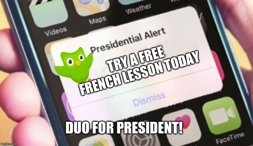 Presidential Alert Meme | TRY A FREE FRENCH LESSON TODAY; DUO FOR PRESIDENT! | image tagged in memes,presidential alert | made w/ Imgflip meme maker