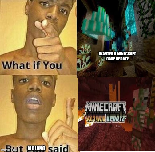Disapointment | WANTED A MINECRAFT
CAVE UPDATE; MOJANG | image tagged in minecraft,what if you,cave,update | made w/ Imgflip meme maker