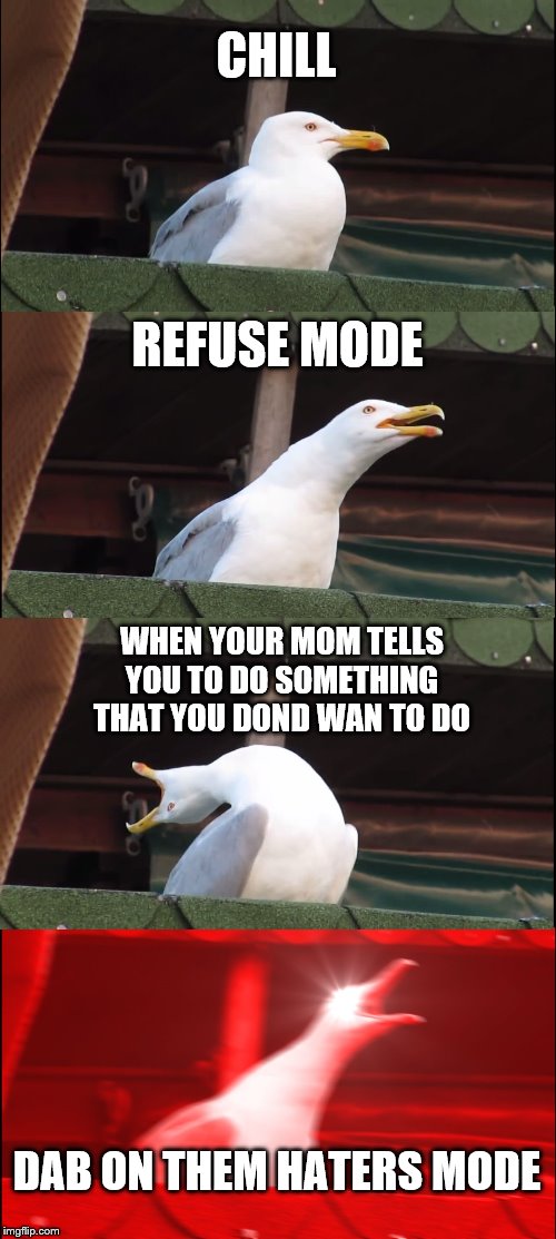 Inhaling Seagull Meme | CHILL; REFUSE MODE; WHEN YOUR MOM TELLS YOU TO DO SOMETHING THAT YOU DOND WAN TO DO; DAB ON THEM HATERS MODE | image tagged in memes,inhaling seagull | made w/ Imgflip meme maker