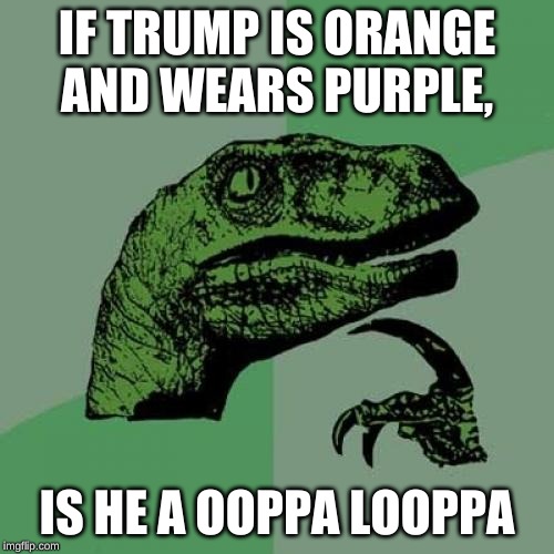 Philosoraptor Meme | IF TRUMP IS ORANGE AND WEARS PURPLE, IS HE A OOPPA LOOPPA | image tagged in memes,philosoraptor | made w/ Imgflip meme maker