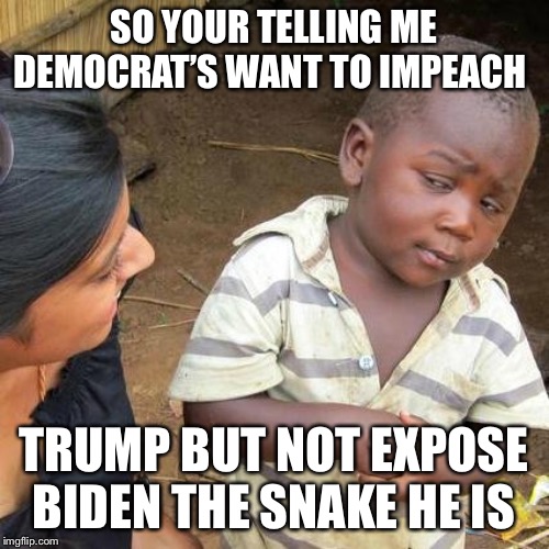 Third World Skeptical Kid | SO YOUR TELLING ME DEMOCRAT’S WANT TO IMPEACH; TRUMP BUT NOT EXPOSE BIDEN THE SNAKE HE IS | image tagged in memes,third world skeptical kid | made w/ Imgflip meme maker