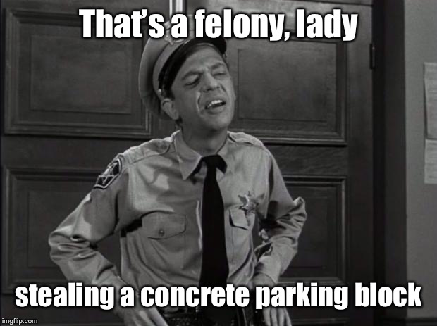 Barney Fife | That’s a felony, lady stealing a concrete parking block | image tagged in barney fife | made w/ Imgflip meme maker