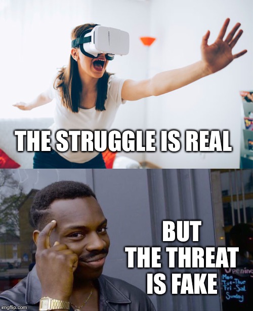 Fake News | THE STRUGGLE IS REAL; BUT THE THREAT IS FAKE | image tagged in memes,roll safe think about it | made w/ Imgflip meme maker
