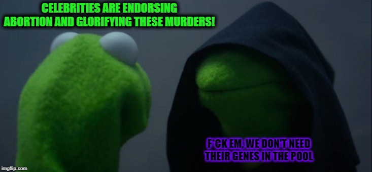 Evil Kermit | CELEBRITIES ARE ENDORSING ABORTION AND GLORIFYING THESE MURDERS! F*CK EM, WE DON'T NEED THEIR GENES IN THE POOL | image tagged in memes,evil kermit,hollywood,hollywood liberals,celebrities | made w/ Imgflip meme maker